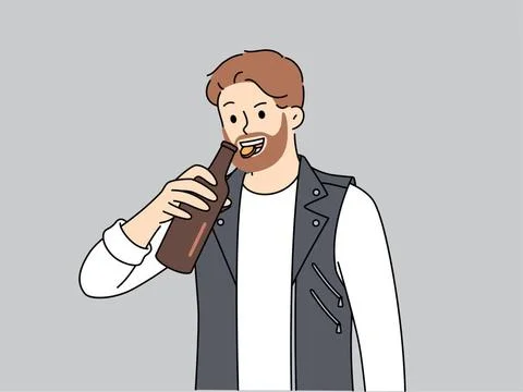 Ein brutaler Mann öffnet eine Bierflasche mit den Zähnen und lächelt, er l Stock Photos