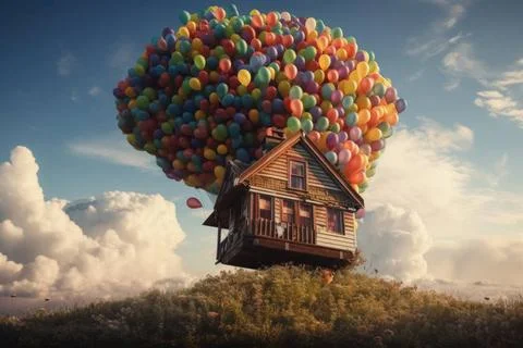Ein kleines altes Haus schwebt auf vielen bunten Ballons, die mit generati... Stock Photos