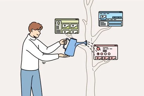 Ein Mann, der einen Baum mit Netzfenstern auf den Ästen bewässert, beschäf Foto stock