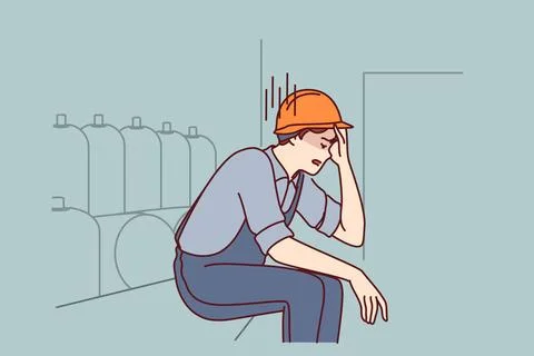 Ein müder Mann, der in einer Fabrik arbeitet, sitzt in der Nähe von Produk. Stock Photos
