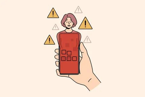 Ein rotes, mit einem Virus infiziertes Telefon in der Hand und eine panisc... Stock Photos