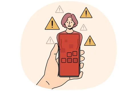 Ein rotes, mit einem Virus infiziertes Telefon in der Hand und eine panisc... Stock Photos