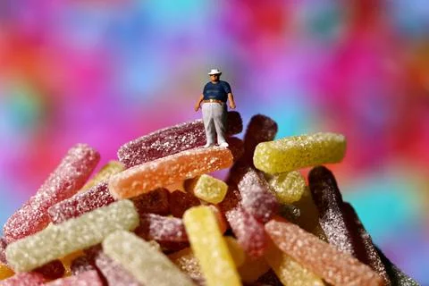  Ein übergewichtiger Mann steht auf einem Berg Süßigkeiten. Eine Zuckerste Stock Photos