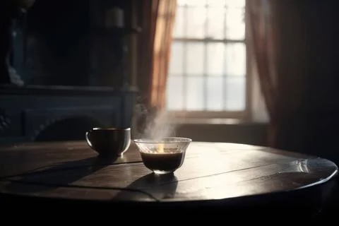 Eine dampfende Tasse Tee auf einem Tisch in einem gemütlichen alten Zimmer.. Stock Photos