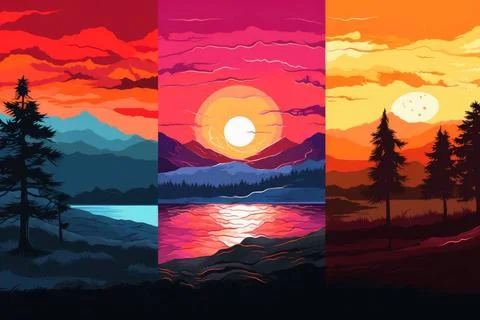 Eine schöne und lebendige stilisierte Sonnenuntergangslandschaft, generier.. Stock Photos
