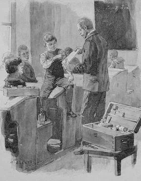 Einführung des Notverbandkastens in der Schule, 1885, Deutschland / Introd.. Stock Photos