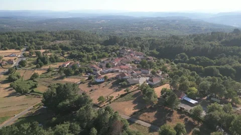Eiradela village among patchwork fields and forest in Ourense, aerial Stock Footage 348714808