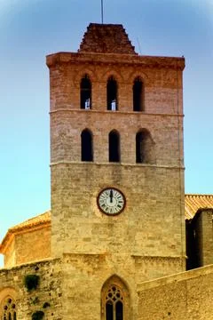 Eivissa cathedral clock tower. Stock Photos