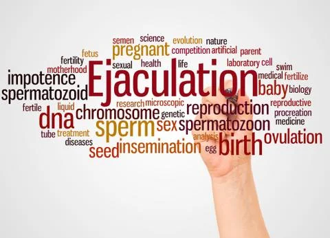 Ejaculation word cloud and hand with marker concept Stock Illustration