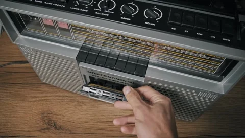 Ejecting Retro Audio Cassette From Silver Boombox Stock Footage 319405465