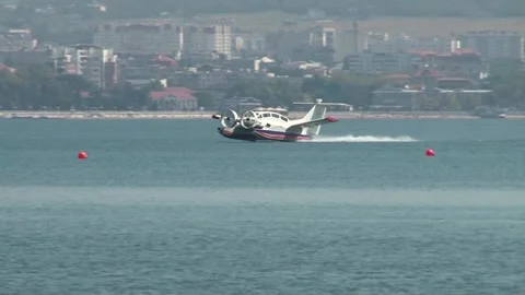 Ekranoplan Oriole  hovering over water in water area of Gelendzhik Bay. Video stock 132980107