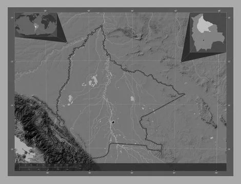 El Beni, Bolivia. Bilevel elevation map with lakes and rivers 库存插图
