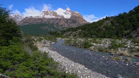 El Chalten mountains and stream Stock Footage 73219733
