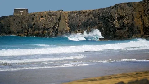 El Cotillo, beach, waves and view to the tower Stock Footage 105245220