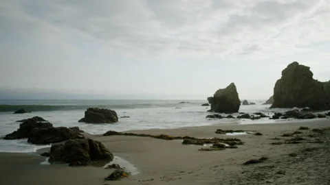 El Matador Beach Rocks With Waves Crashing At Sunset 4K 48FPS SLO-MO Stock Footage 196355082