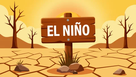 El Nino Climate Change Concept with Dry Desert Landscape and Warning Sign An Stock-Footage 338321939