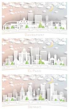 El Paso Texas, Detroit Michigan and Davenport Iowa City Skyline Set. Stock Illustration