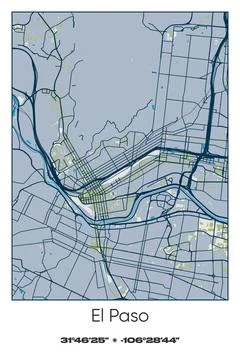 El Paso, Texas - vector map of city in Blue, Gray, Yellow, Olive colors Stock Illustration