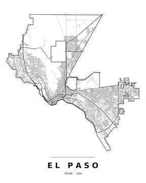 El Paso TX Street Map Road Network Highways Black White Editable Vector Stock Illustration