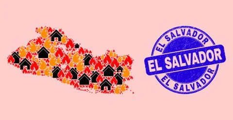El Salvador Map Collage of Flame and Houses and Scratched El Salvador Seal Ilustração Stock