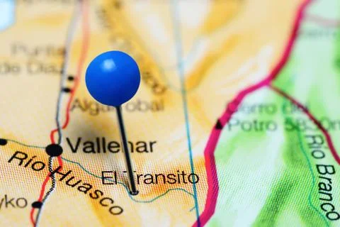 El Transito pinned on a map of Chile Stock Photos
