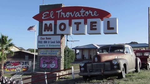 El Trovatore Motel sign from historic US Route 66 Highway in Kingman Arizona Stock Footage