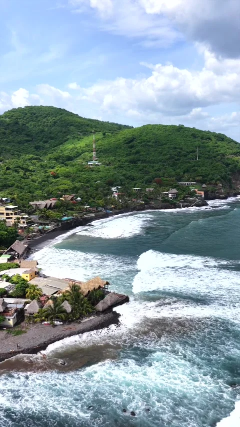 El Zonte Beach and Town 4K Drone Footage Vertical Stock Footage 340803219