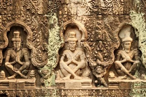 Elaborate bas relief, bas-relief carved into the sandstone at the Prasat Pr.. Foto stock