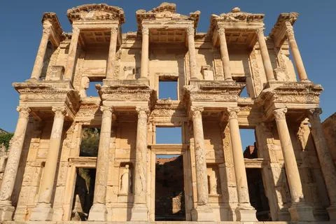 The elaborate facade of the Library of Celsus at Ephesus, Selcuk, Turkey Stock Photos