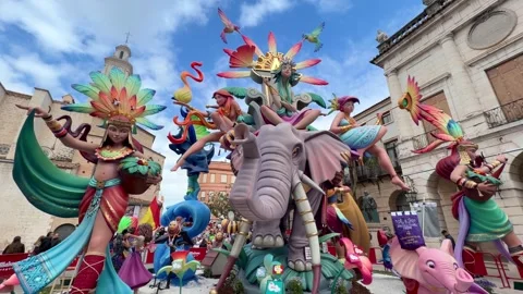 Elaborate Fallas de Gandia ninot art installation in Plaza Mayor, Gandia Stock Footage 333807066