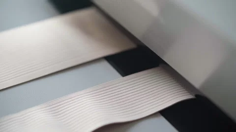 Elastic corset band passing through cutting machine during precise production Stock Footage 321888664