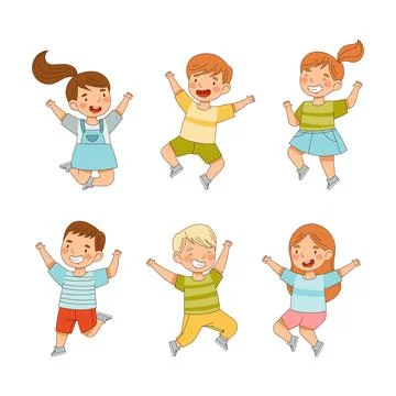 Elated Children Jumping with Joy Expressing Excitement and Happiness Vector Set Stock Illustration