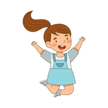 Elated Girl with Ponytail Jumping with Joy Expressing Excitement and Happiness Stock Illustration