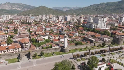 Elbasan Old Town: An Aerial Perspective of Albania's Historic City Walls and Stock Footage 346417173