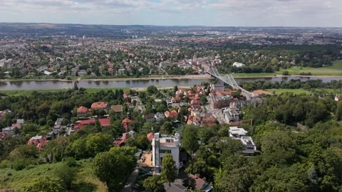 Elbe River Valley and Blaues Wunder Bridge Wide Aerial View Dresden Vídeo Stock 337848142