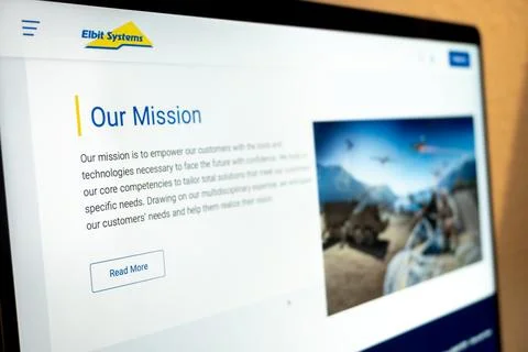 Elbit systems website displaying company mission statement on laptop screen Stock Photos