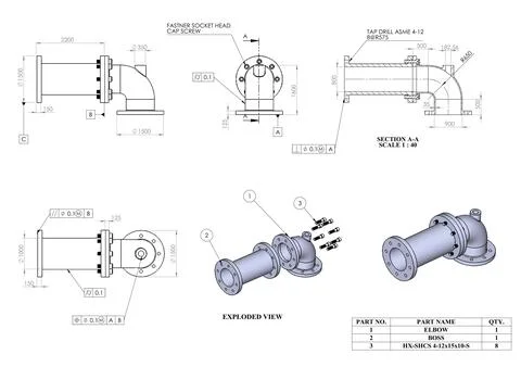 Elbow mechanical design drafting, 3d rendering modelling Stock Illustration