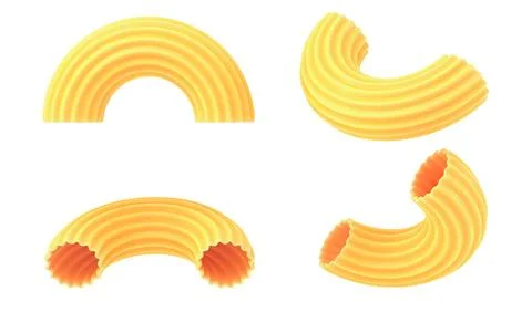 Elbow pasta, macaroni in different angles, 3d render icon set. Realistic mockup Fotos de archivo