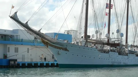 Elcano Spain Navy training sailing ship bow at dock Stock Footage 192208888