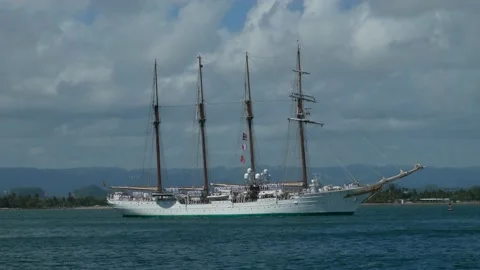 Elcano Spain Navy training sailing ship in harbor channel Stock Footage 192761900