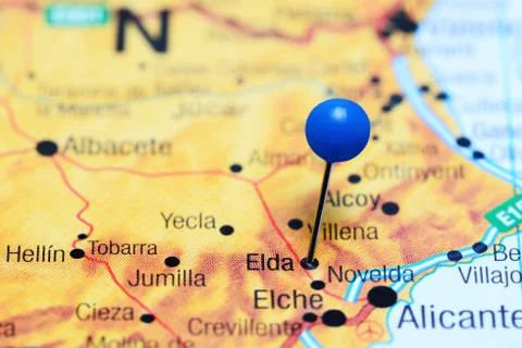 Elda pinned on a map of Spain Stock Photos