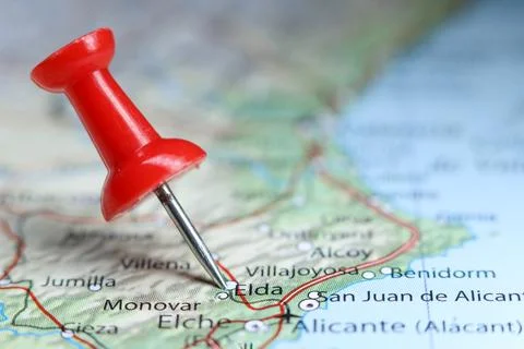 Elda, Spain pin on map Stock Photos