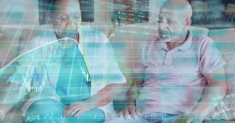 Elder couple seated on sofa sharing mugs, starting finance chat as animated Stock Footage 320482476