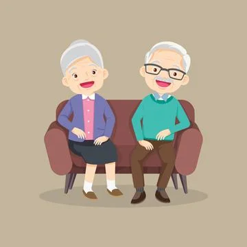 Elder couple sitting on the sofa,Happy senior man woman Stock Illustration