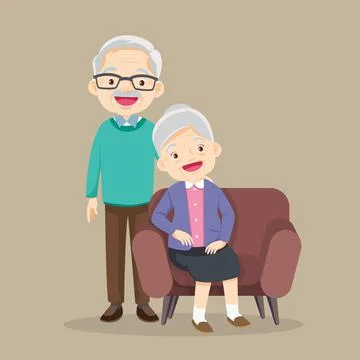 Elder couple sitting on the sofa,Happy senior man woman Stock Illustration