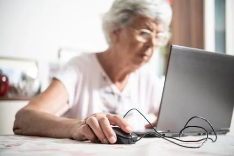 An elder lady using a laptop Stock Photos