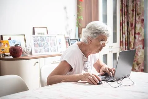 An elder lady using a laptop Stock Photos
