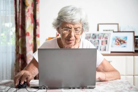 An elder lady using a laptop Stock Photos