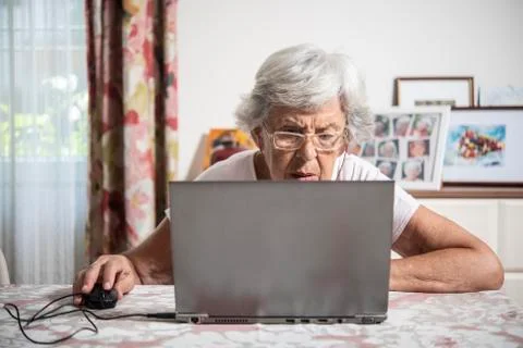 An elder lady using a laptop Stock Photos