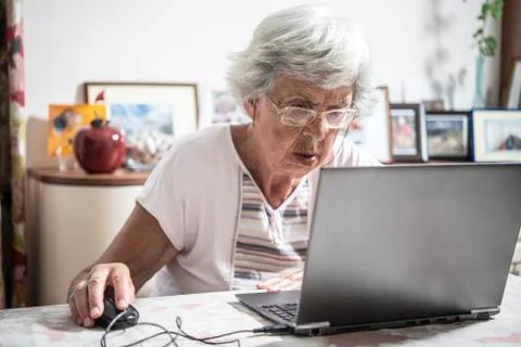 An elder lady using a laptop Stock Photos